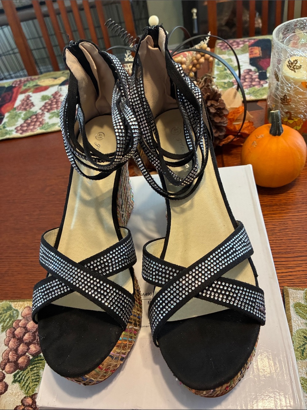 Black Rhinestone Ankle-Wrap Wedge Sandals